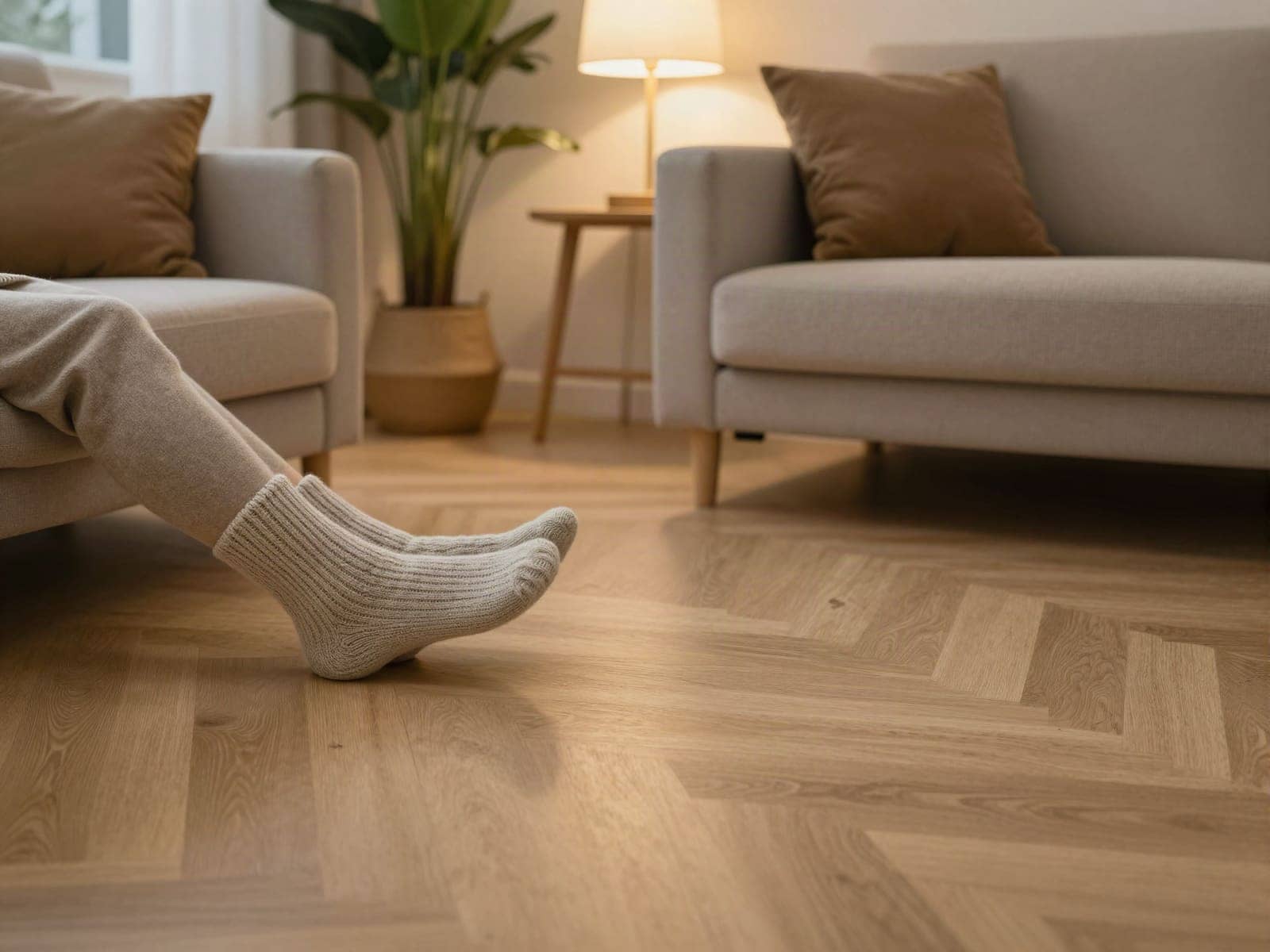 Voeten in wollen sokken op een houten vloer in een warme woonkamer