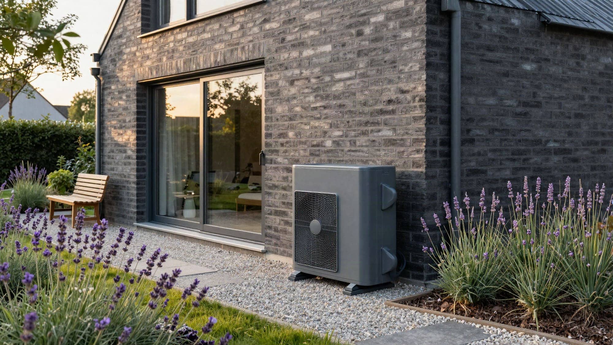Moderne woning met een netjes weggewerkte warmtepomp aan de zijkant