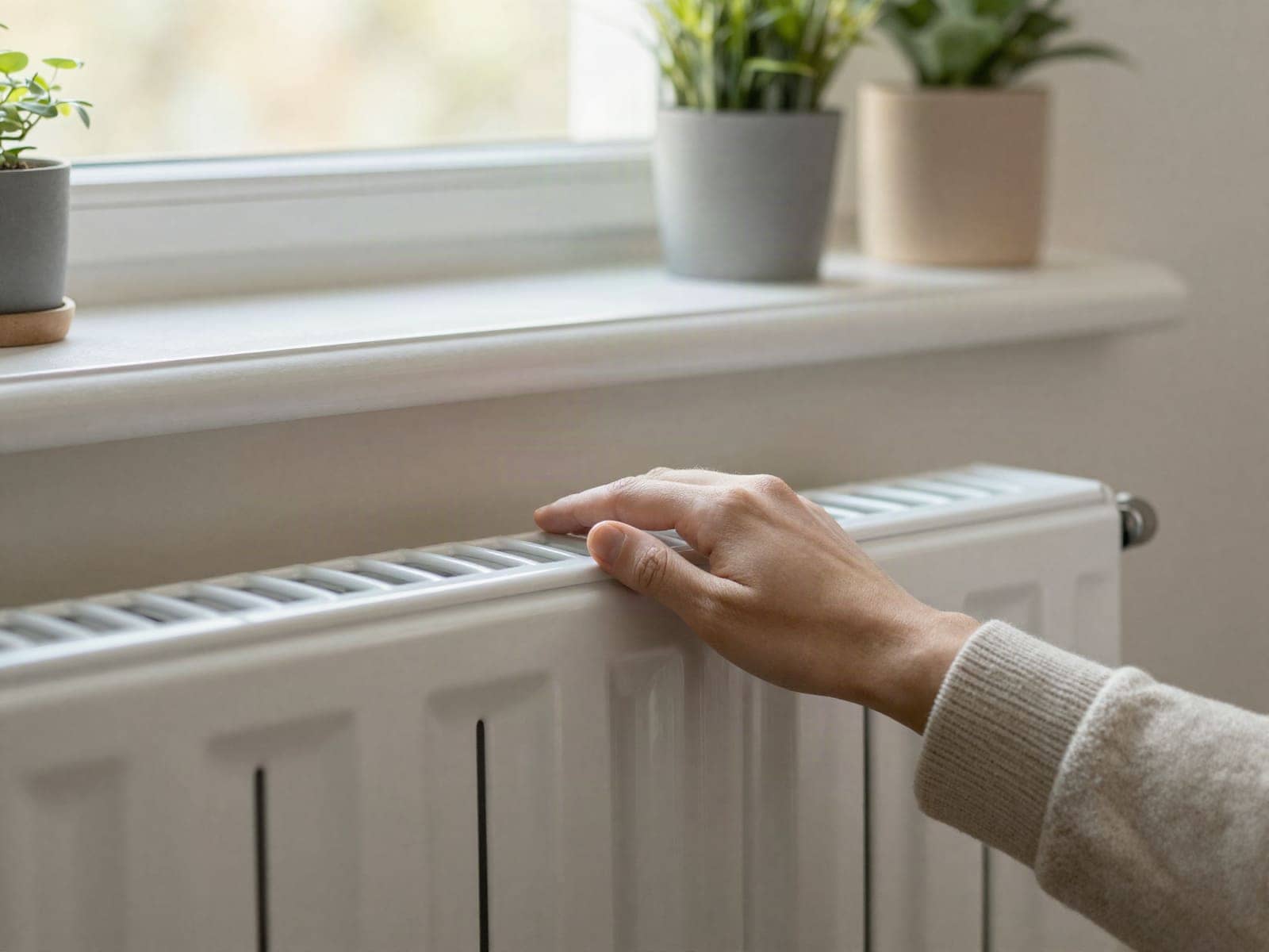 Hand bij een radiator in een woonkamer