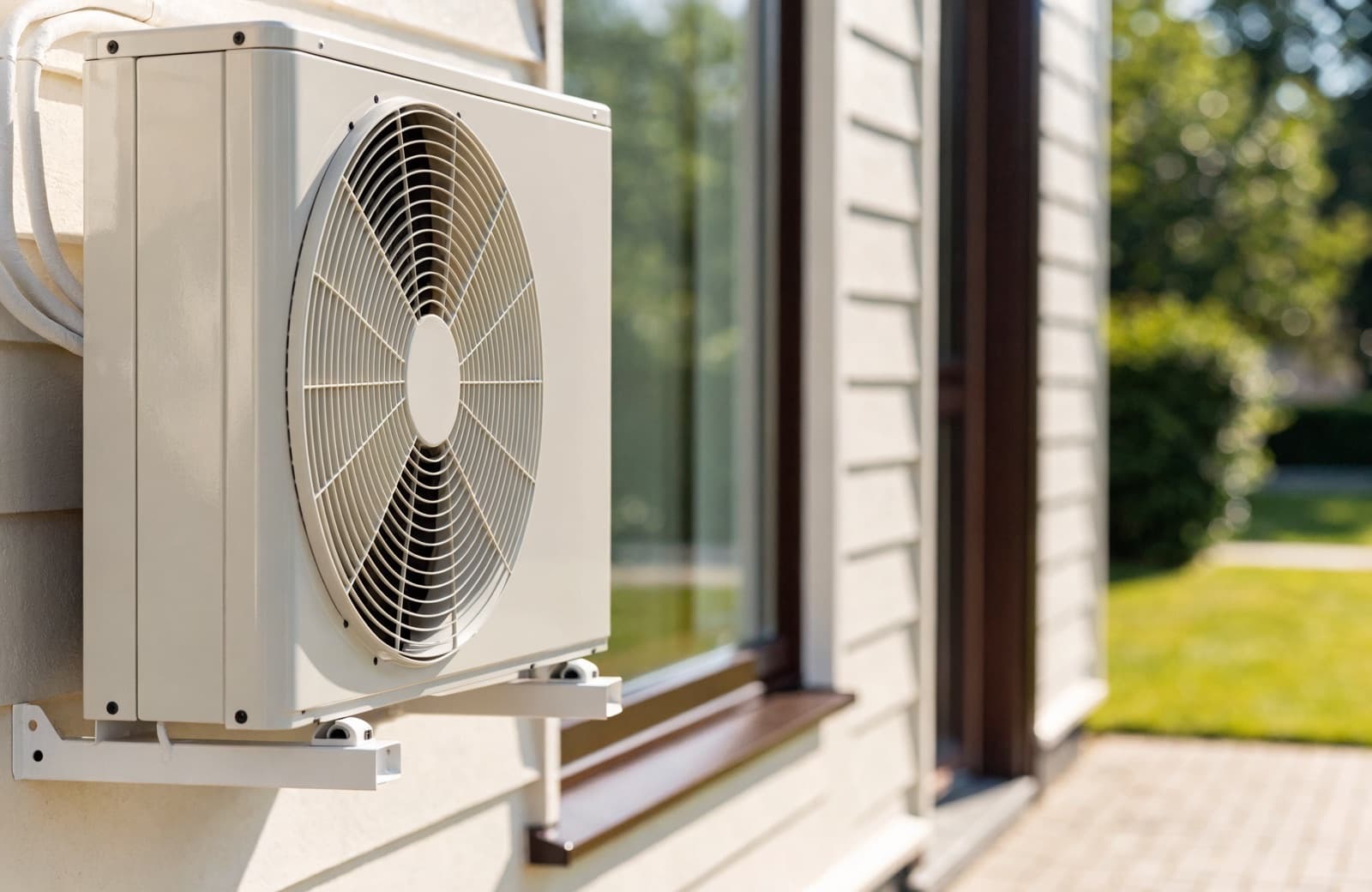 Close-up van de ventilator en leidingen van een warmtepomp-buitenunit