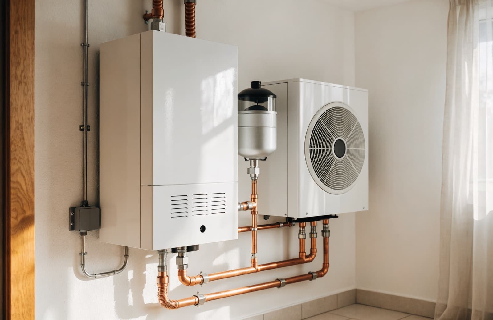 Cv-ketel met een compacte warmtepomp-unit in een bijkeuken