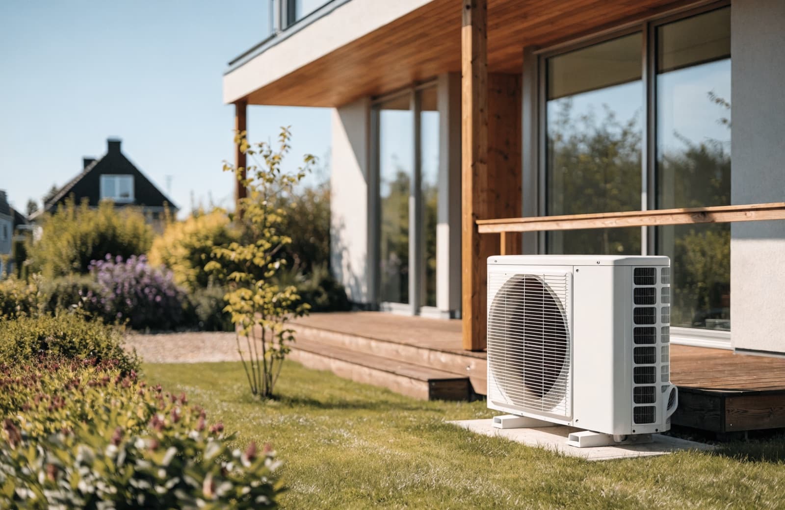 Compacte hybride warmtepomp bij een moderne woning met terras