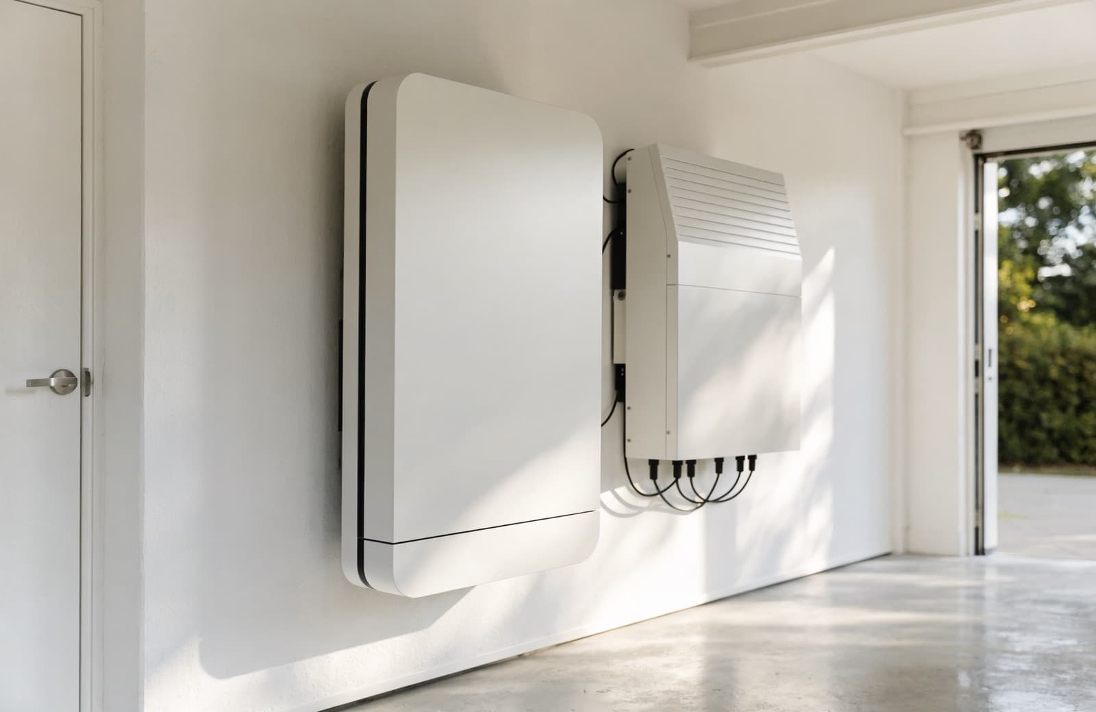 Thuisbatterij met omvormer aan de muur in een woning