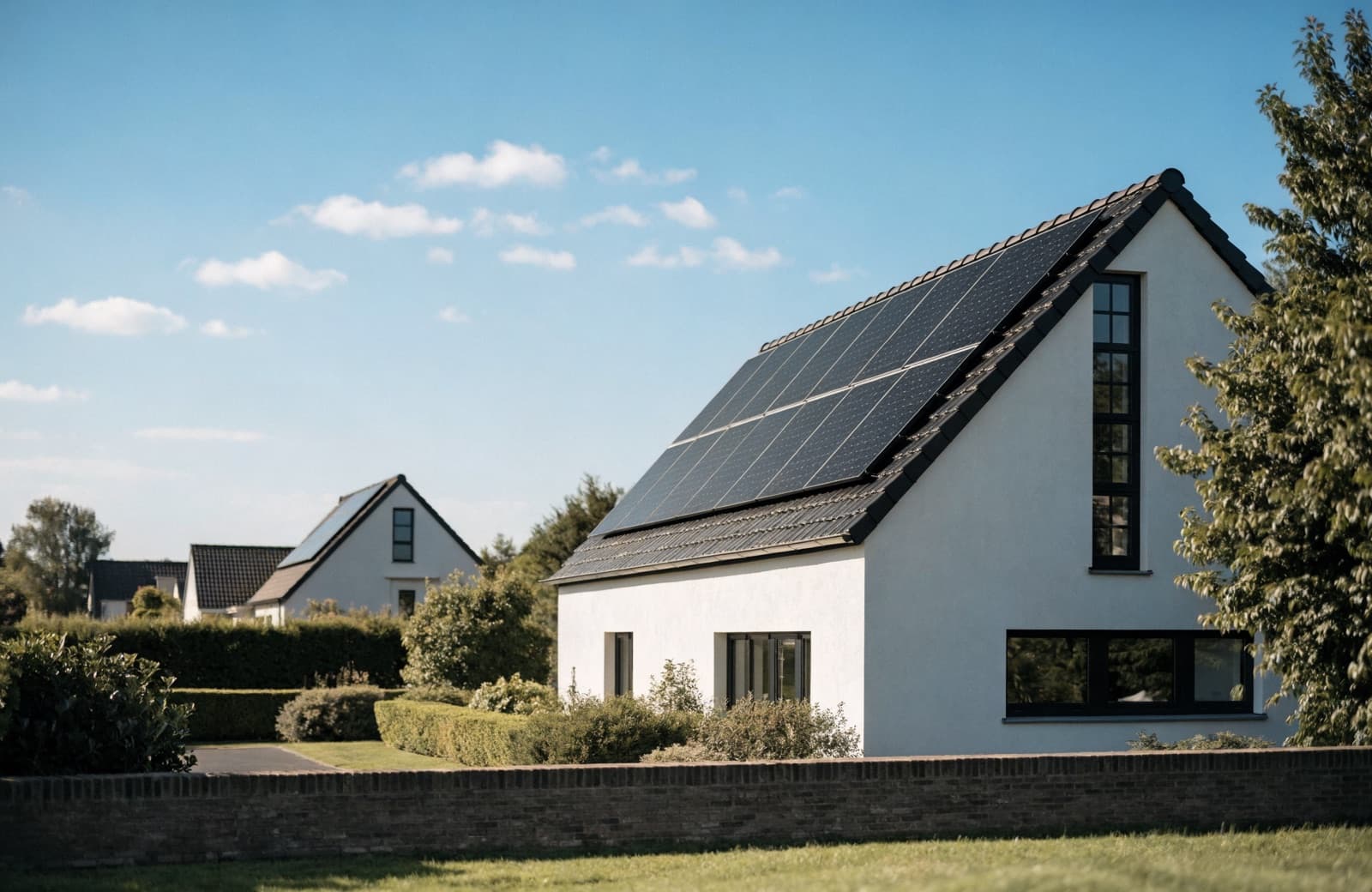 Zonnepanelen op het schuine dak van een Nederlands rijtjeshuis