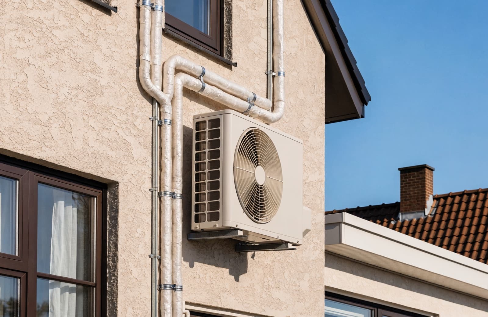 Netjes geïnstalleerde warmtepomp met verzorgd leidingwerk aan een gevel