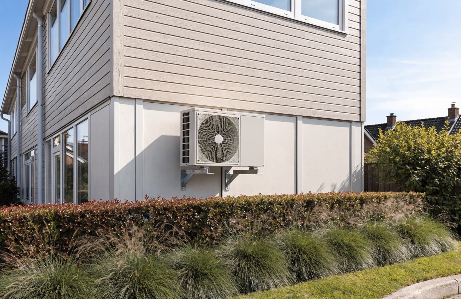 Warmtepomp-buitenunit aan de gevel van een moderne woning