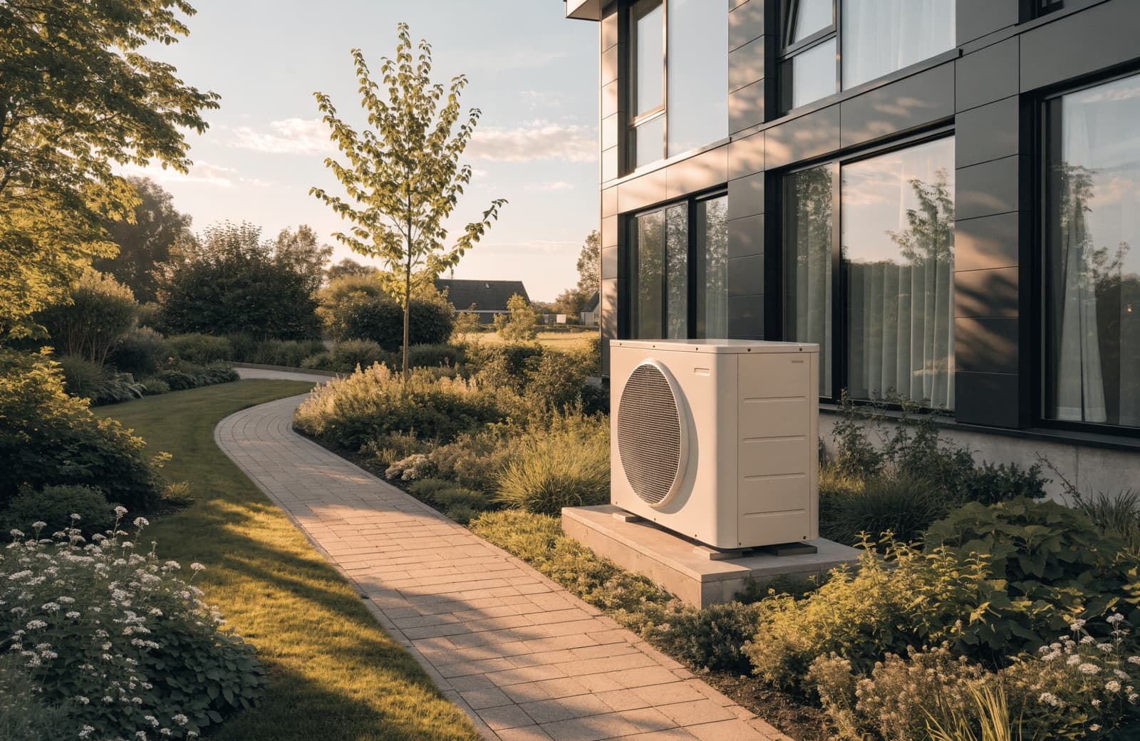 Warmtepomp in de aangelegde tuin van een moderne woning