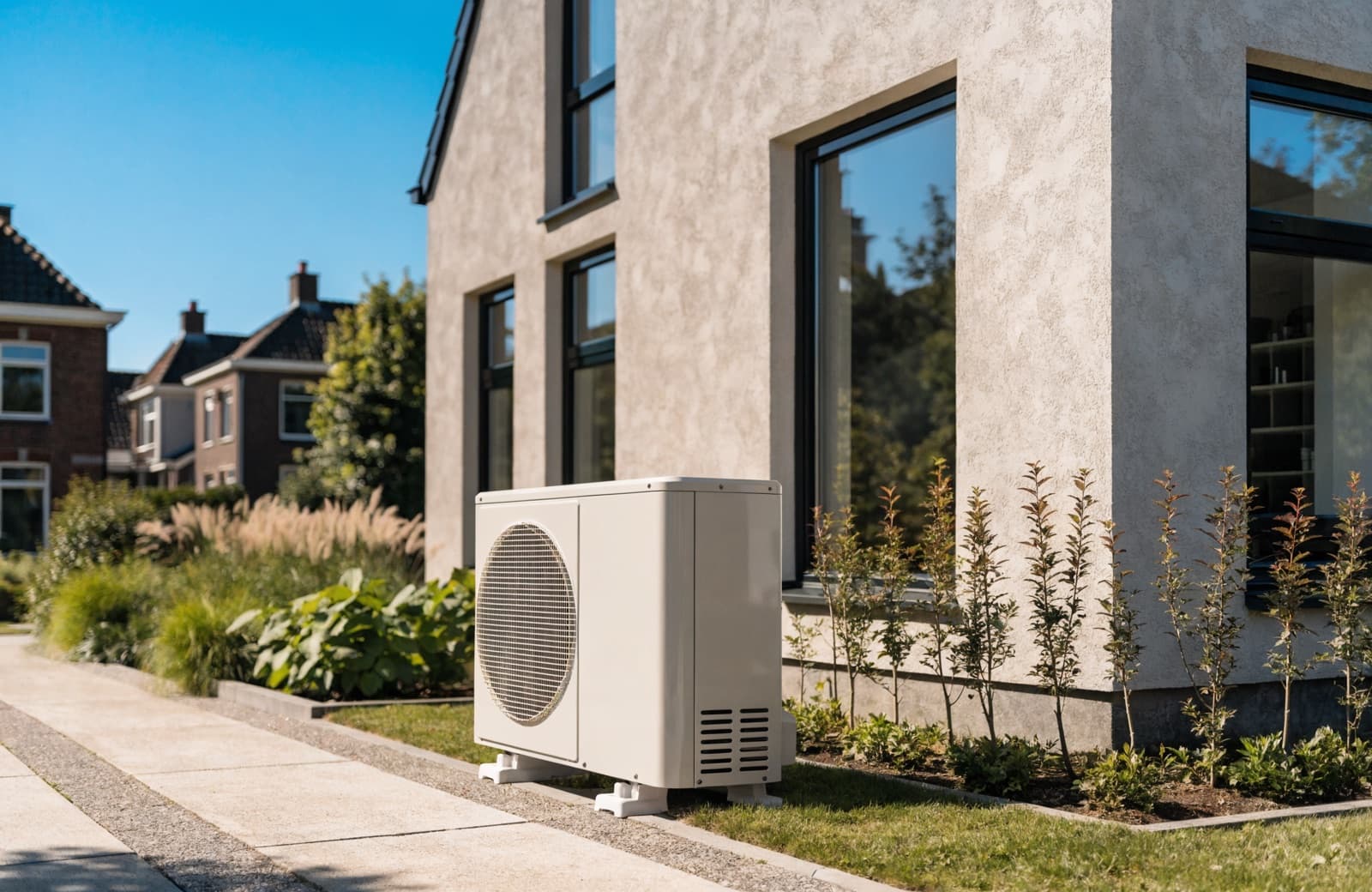 Warmtepomp-buitenunit tegen de gevel van een Nederlandse woning