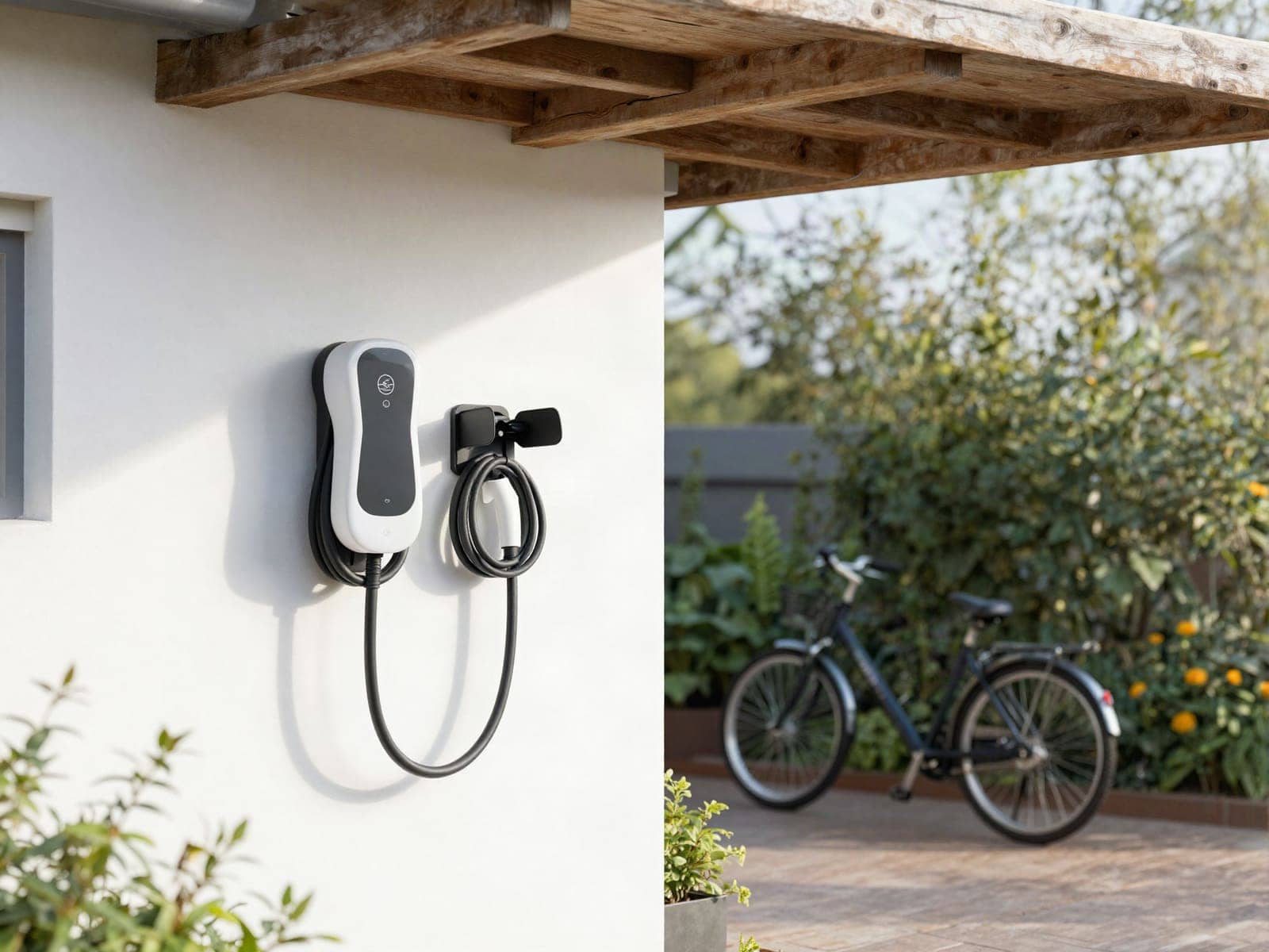 Laadpaal met opgerolde kabel onder een carport