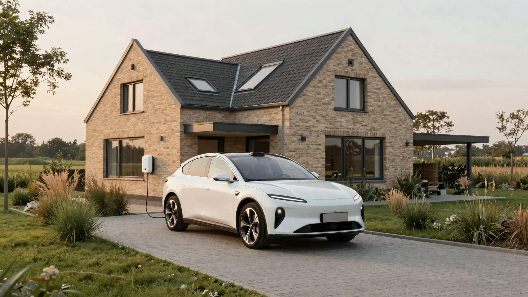 Moderne woning met een elektrische auto op de oprit aan een laadpaal