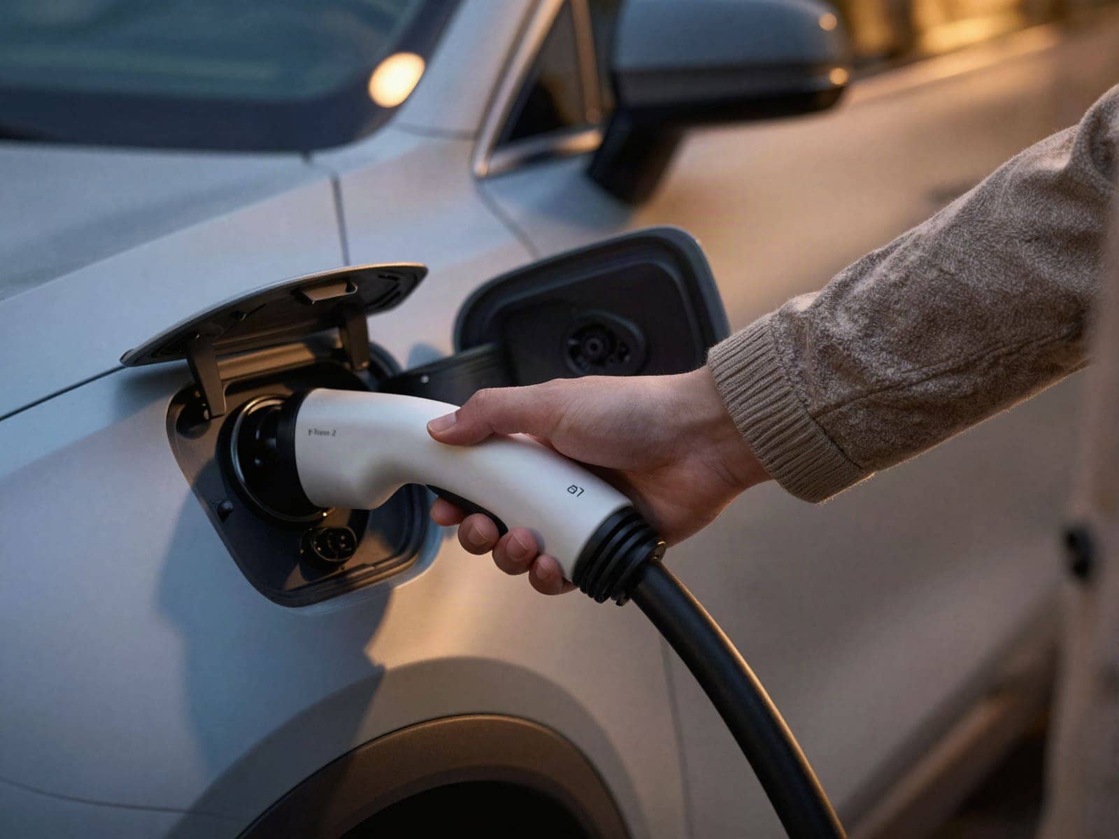 Iemand steekt de laadstekker in een elektrische auto