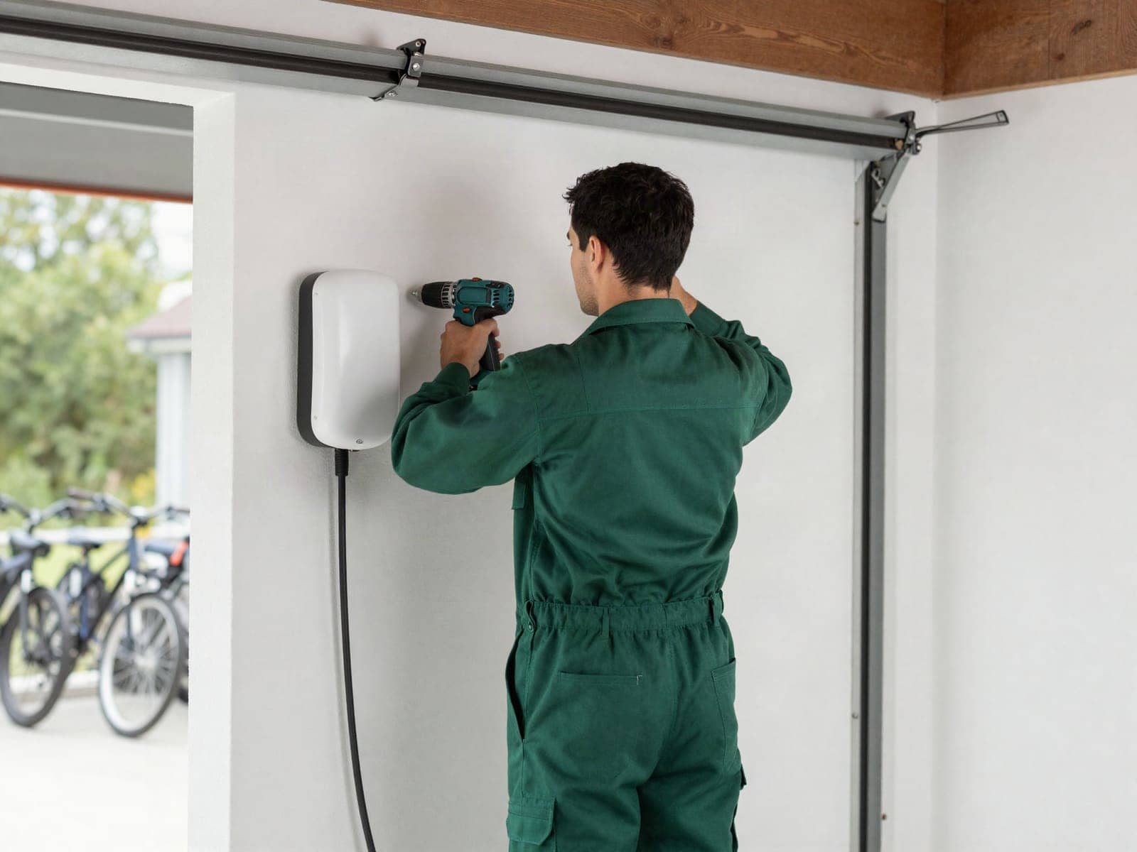 Monteur plaatst een laadpaal aan de muur van een garage