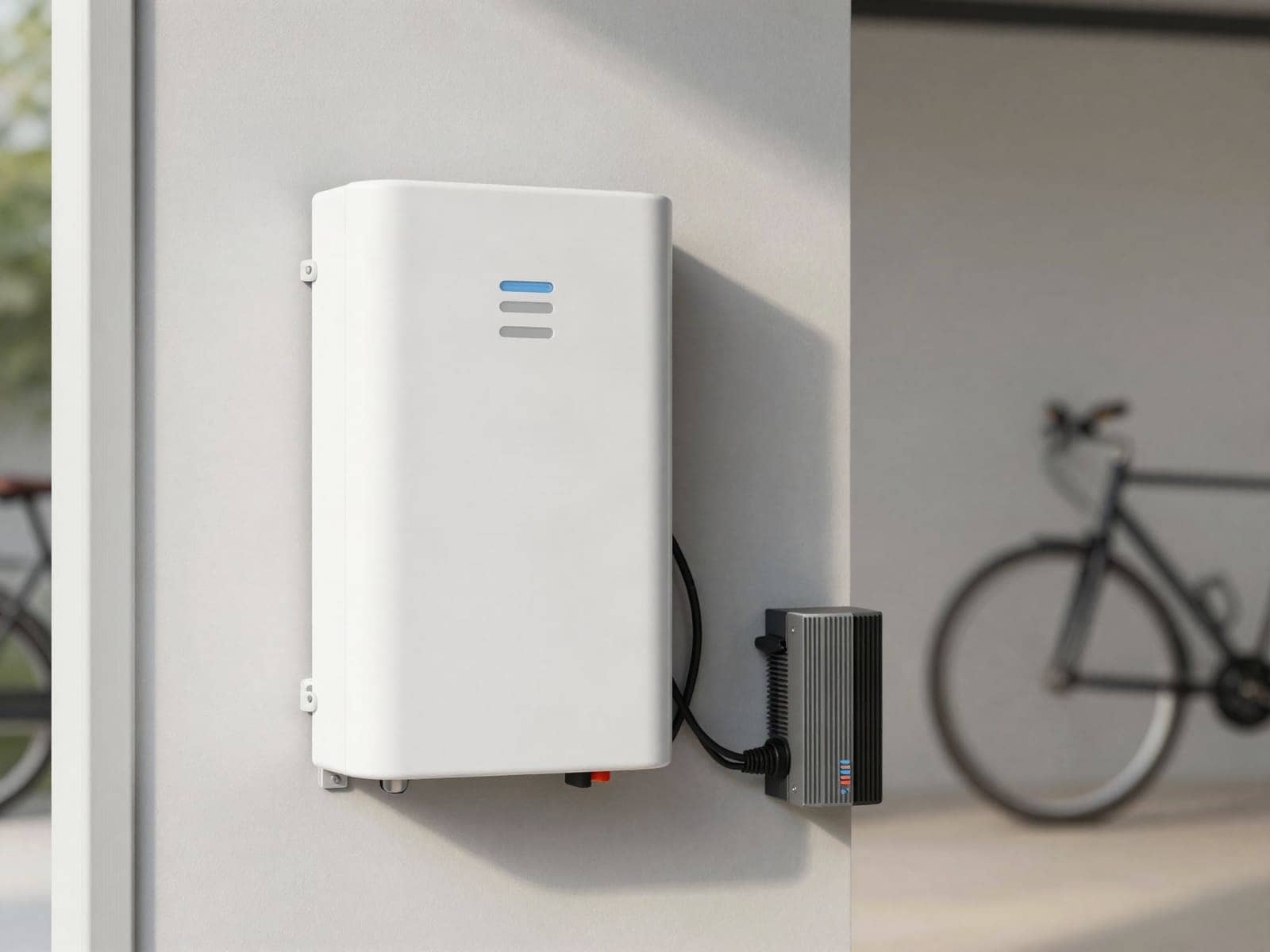Thuisbatterij aan de muur van een garage