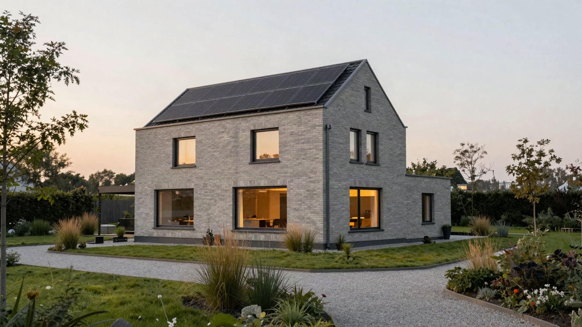 Moderne woning met zonnepanelen op het dak in de avondschemering
