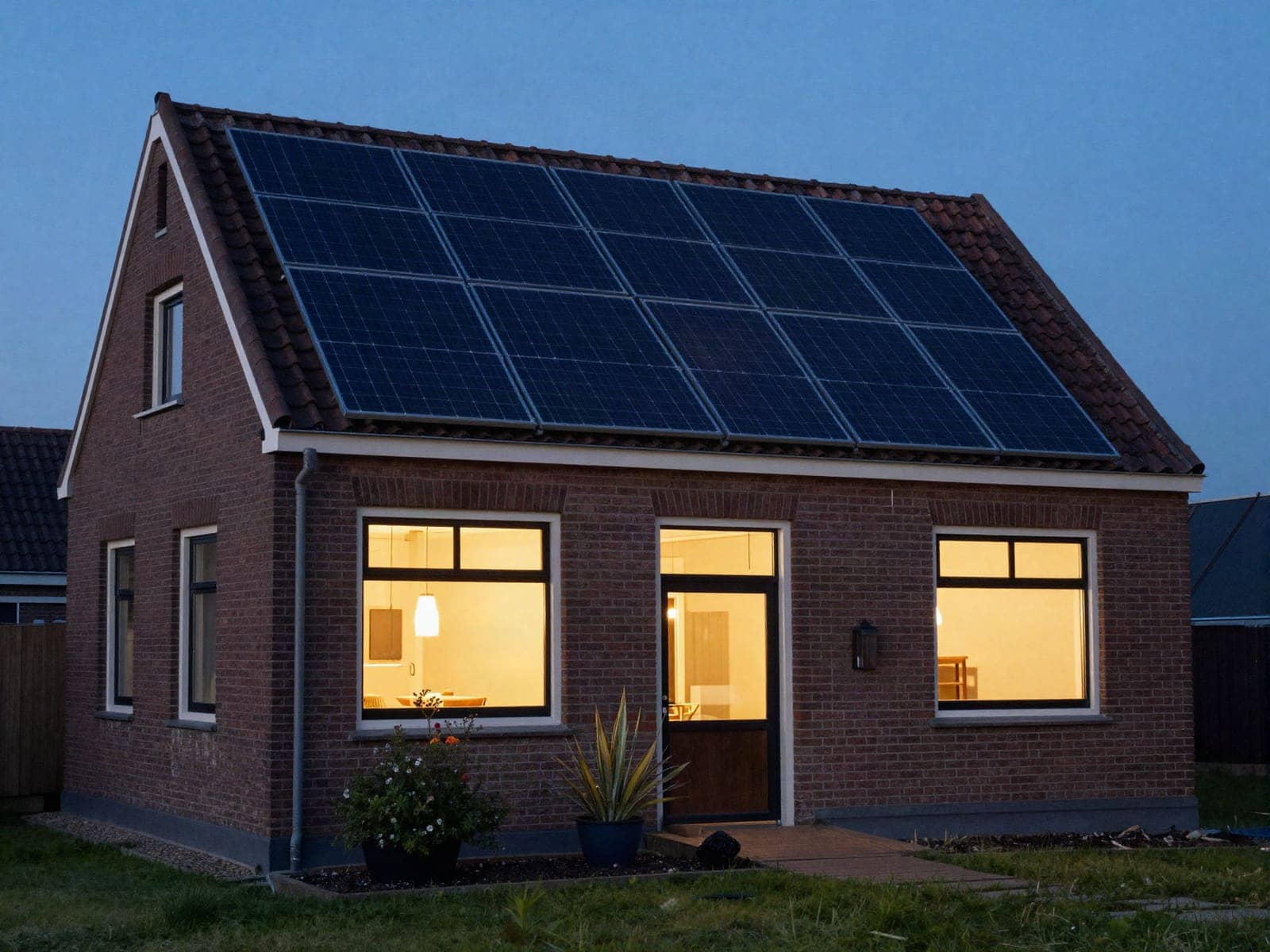 Woning met zonnepanelen op het dak in de avondschemering, met licht achter de ramen